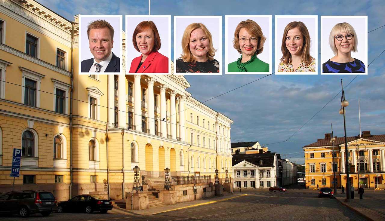 Statsrådets borg och Antti Kaikkonen, Sirpa Paatero, Krista Kiuru, Tytti Tuppurainen, Li Andersson och Aino-Kaisa Pekonen.