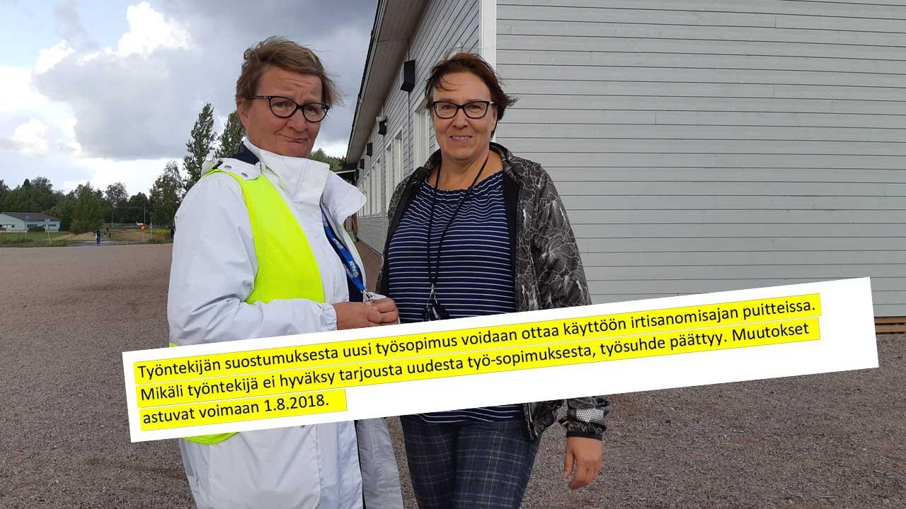 Luottamusmiehet Taina Ylipuranen ja Anne Laakso-Sopukki siuntiolaisen koulun pihalla.
