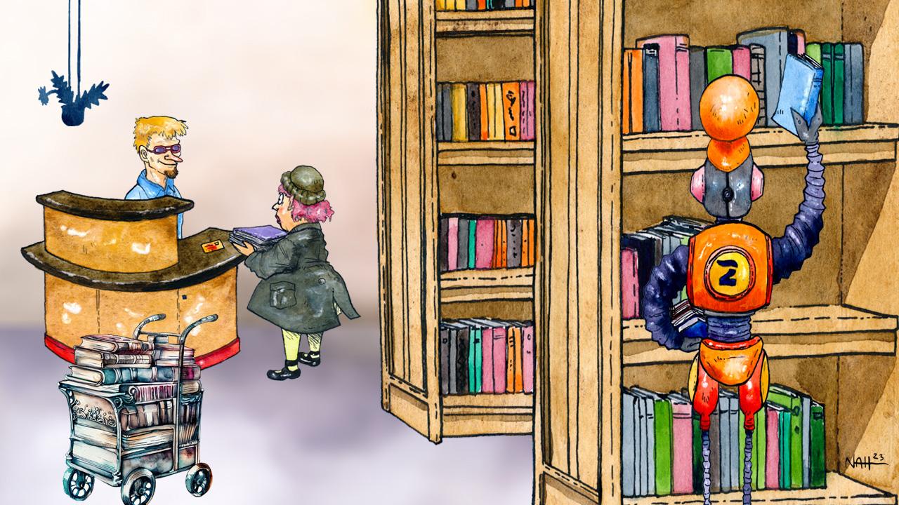 Robotti aakkostaa kirjastossa kirjoja kirjahyllyyn.
