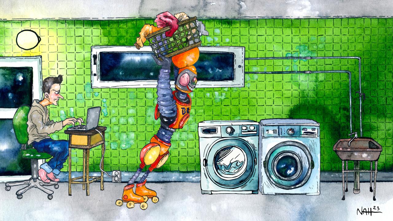 Teköäly: Robotti kuljettaa pesulassa raskasta pyykkikoria pään päällään. 