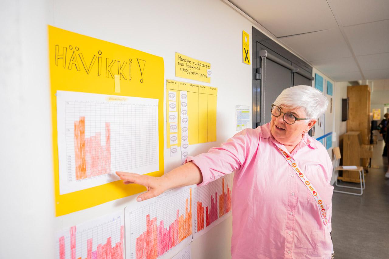 Opettaja esittelee hävikkiruoan määrää kuvaavaa diagrammia Ollikkalan koulun ruokalassa Salossa.