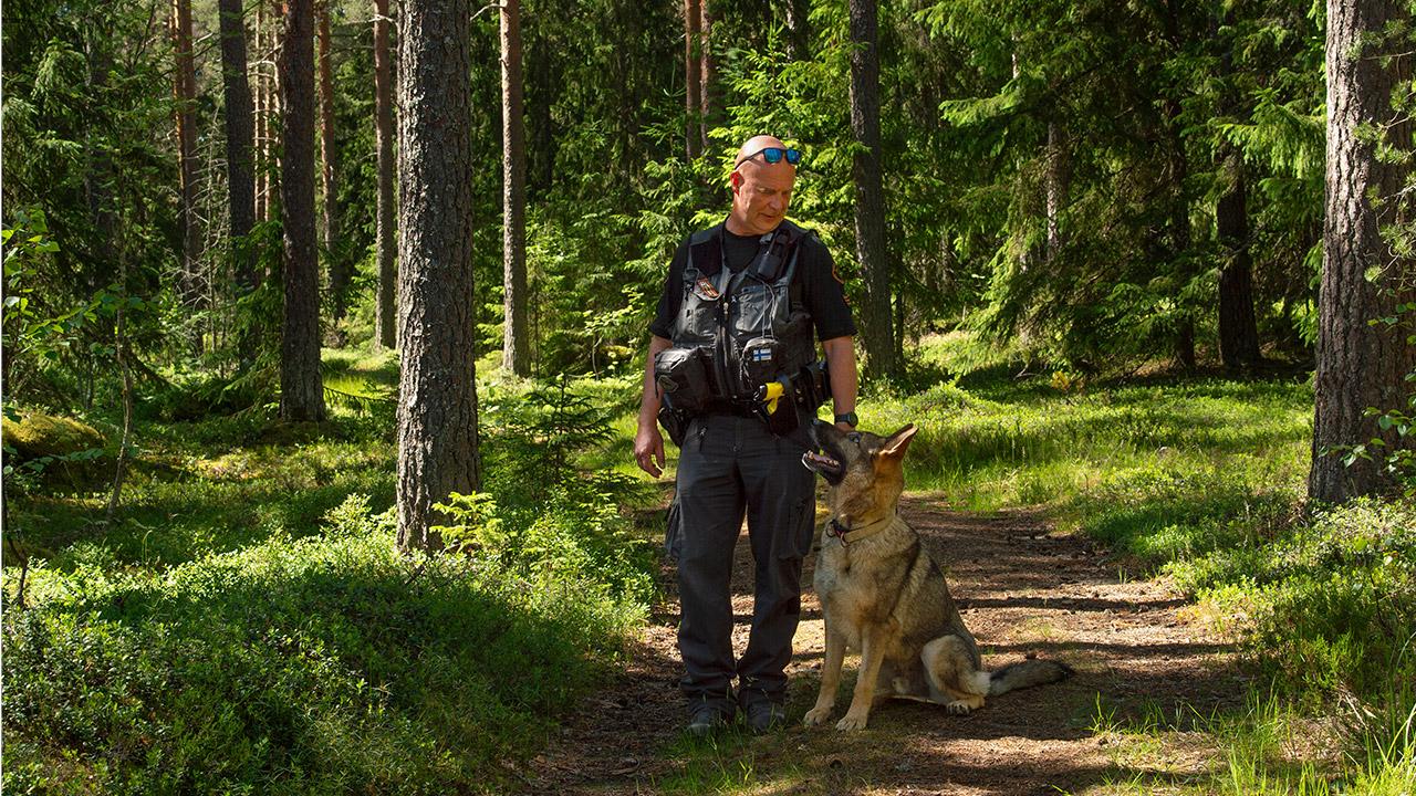 Ylirajavartija Jarkko Eteläpää ja Wau-koira kävelevät metsässä lähellä itärajaa.