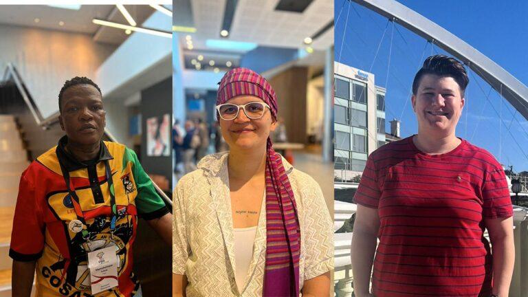Sateenkaariaktivistit Mamoholoane Folene, Lira Alli ja Maddy Northam katsovat kameraan ammatiliittojen kokouksessa.