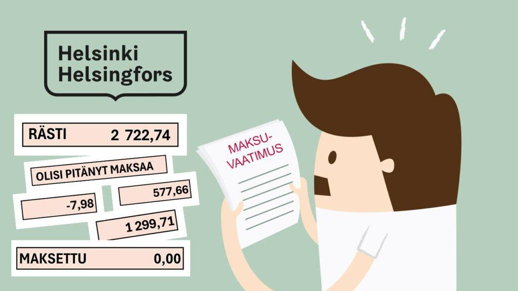 Viiksekäs piirroshahmo katsoo järkyttyneenä maksuvaatimusta, laskelmassa lukee että hänelle on maksettu 0 euroa palkkaa.