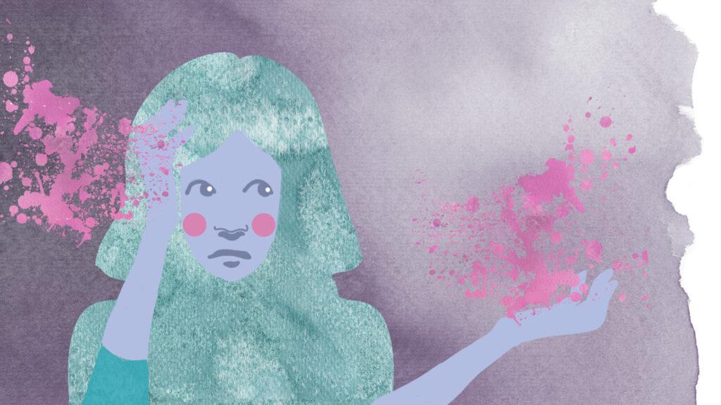 Piirroskuvassa nuori nainen on keskellä ihosairauksia kuvastavia kuvioita.