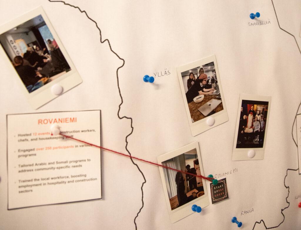 Piirretty Pohjois-Suomen kartta, jossa valokuvia Startup Refugeesin asiakkaista.