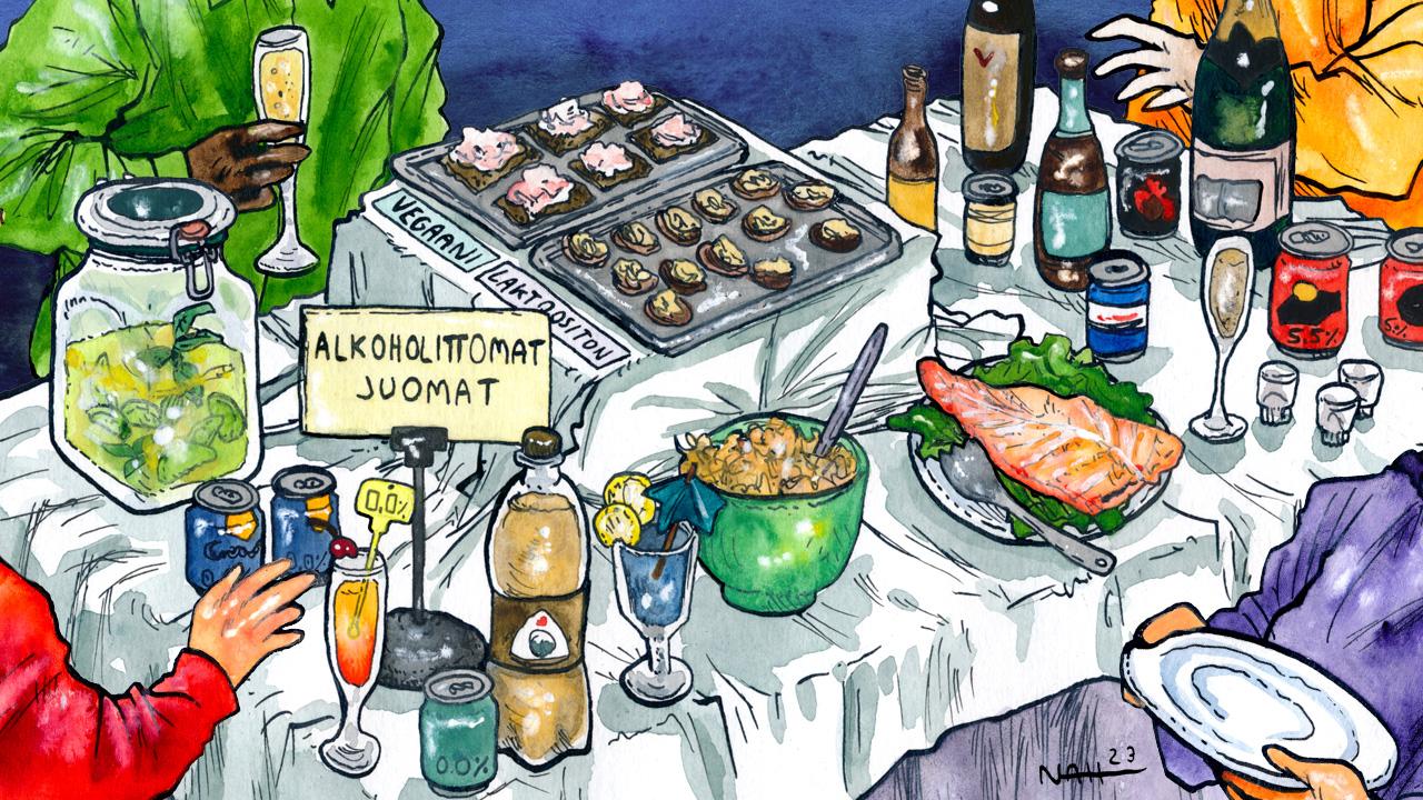 Työpaikkajuhlien seisovan pöytä, jossa tarjolla alkoholitttomia ja alkoholillisia juomia ja erilaisia juomia. 