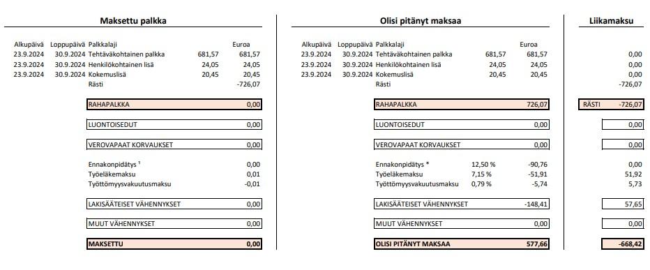 Kuvakaappaus Helsingin kaupungin työntekijän saamasta liikaa maksetun palkan erittelystä.