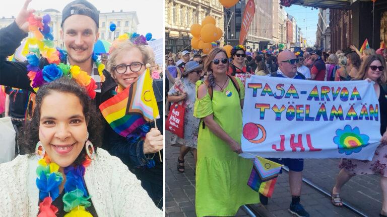 Kuvassa kaksi eri kuvaa Pride-marssilta.