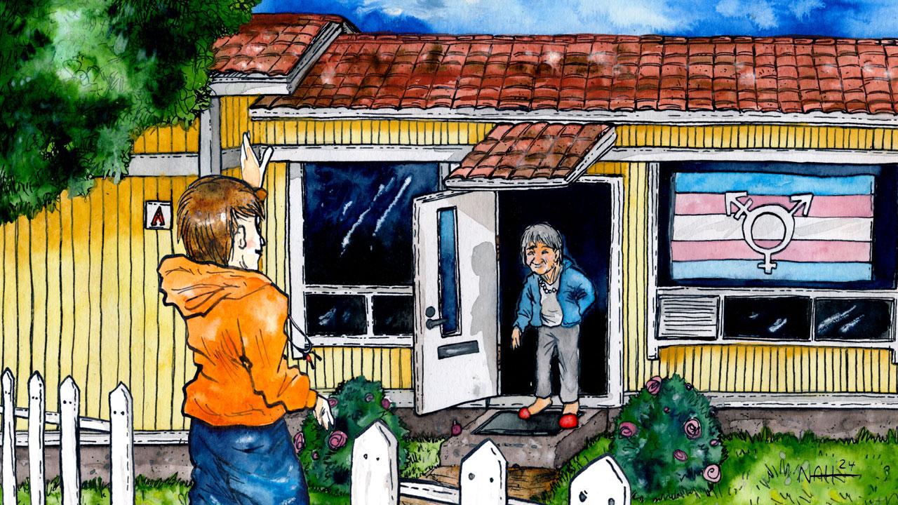 Kotihoitaja saapuu seniorin pihaan, kodin ikkunassa on translippu.