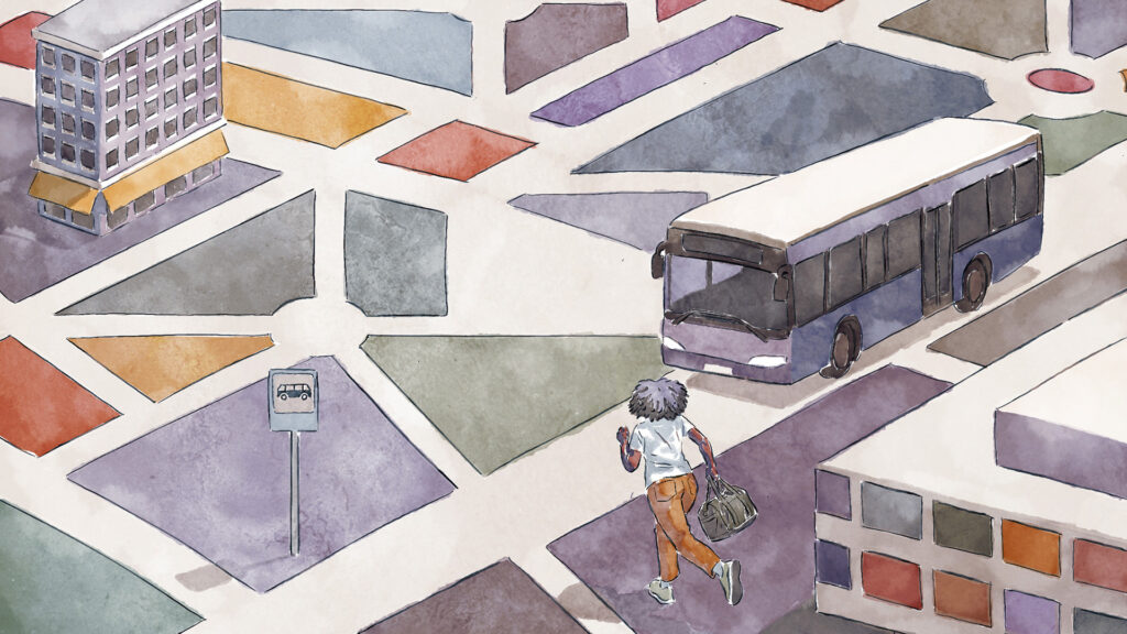 Keikkatyötä tekevä henkilö juoksee kaupungilla bussipysäkille.