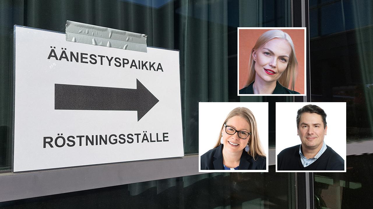 Uudet kansanedustajat Minja Koskela, Anna-Kristiina Mikkonen ja Saku Nikkanen katsovat kameraan, taustalla kuva äänestyspaikasta.