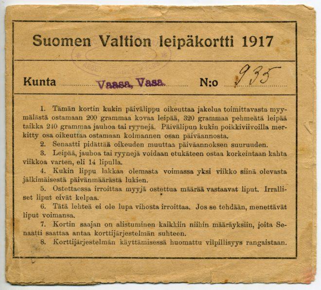 Suomen Valtion leipäkortti vuodelta 1917. Leipäkortin yhteydessä oli tarkat ohjeet kortin lippujen käytöstä