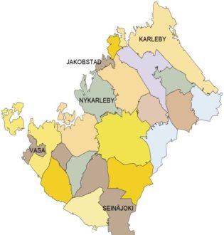 Karta som visar att Vasa ligger sydväst, Karleby nordost och Seinäkjoki söder om Nykarleby.