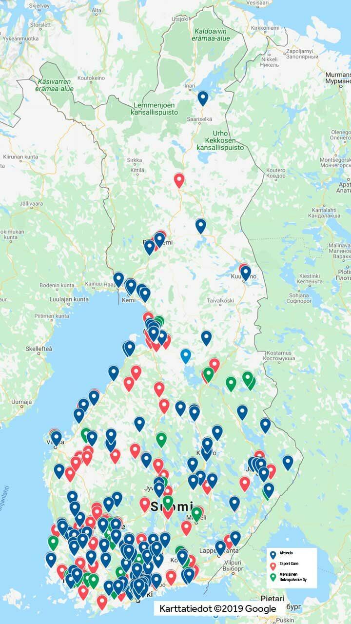 Karta över Finland med Attendos, Esperi Cares och Mehiläinens boendeenheter.