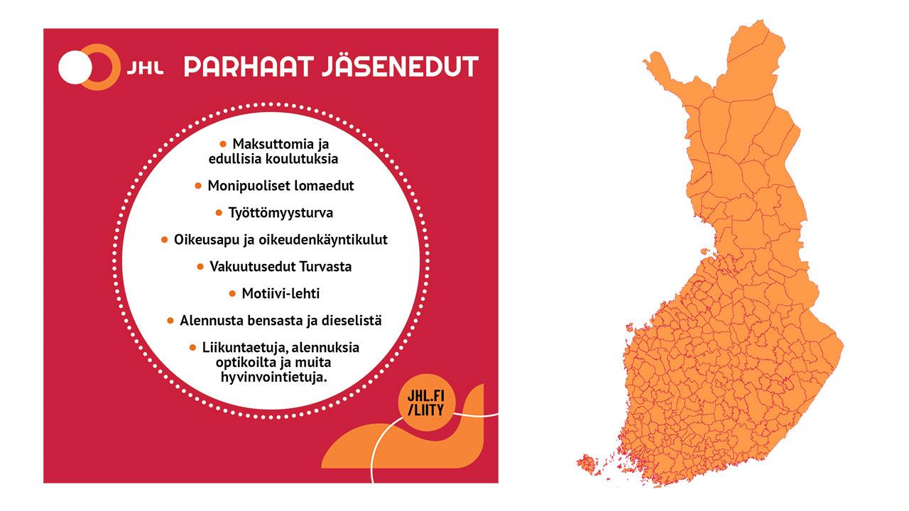 Vasemmalla JHL:n jäsenetumainos, oikealla oranssi Suomen kartta.